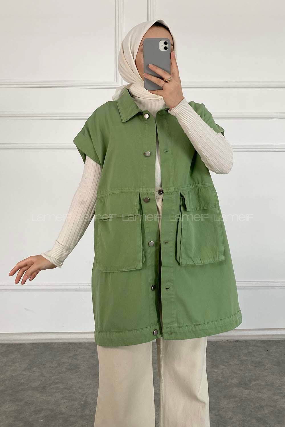 Modalamelif Kapak Cepli Metal Düğmeli Yelek Çağla Yeşili