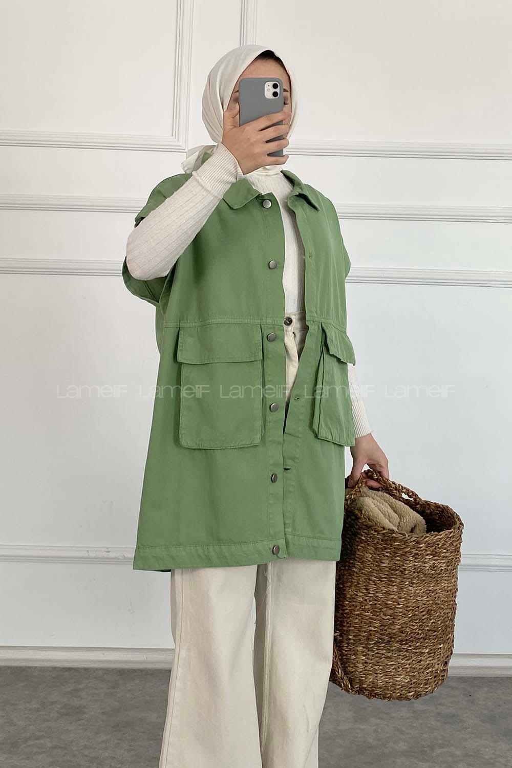 Modalamelif Kapak Cepli Metal Düğmeli Yelek Çağla Yeşili