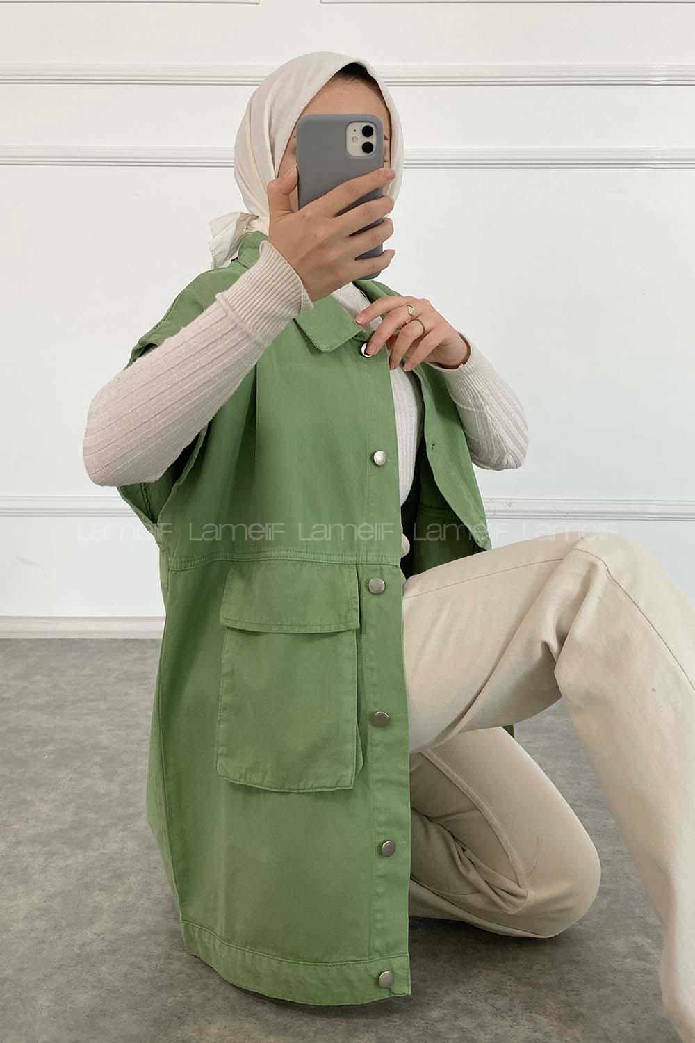 Modalamelif Kapak Cepli Metal Düğmeli Yelek Çağla Yeşili