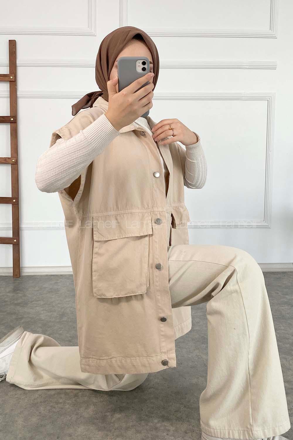 Modalamelif Kapak Cepli Metal Düğmeli Yelek Taş