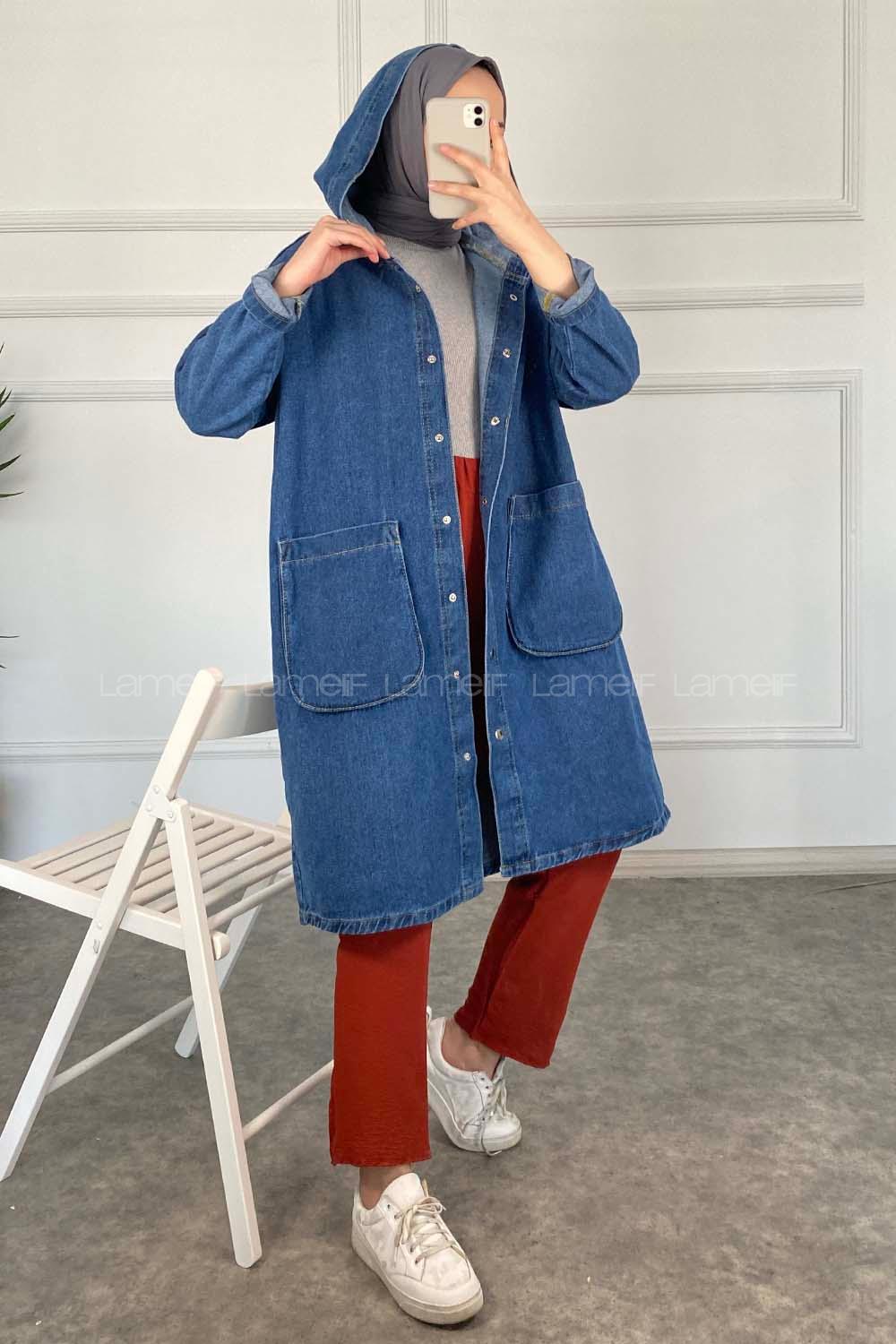 Modalamelif Kapşonlu Uzun Boyfriend Kot Ceket Kot Mavisi