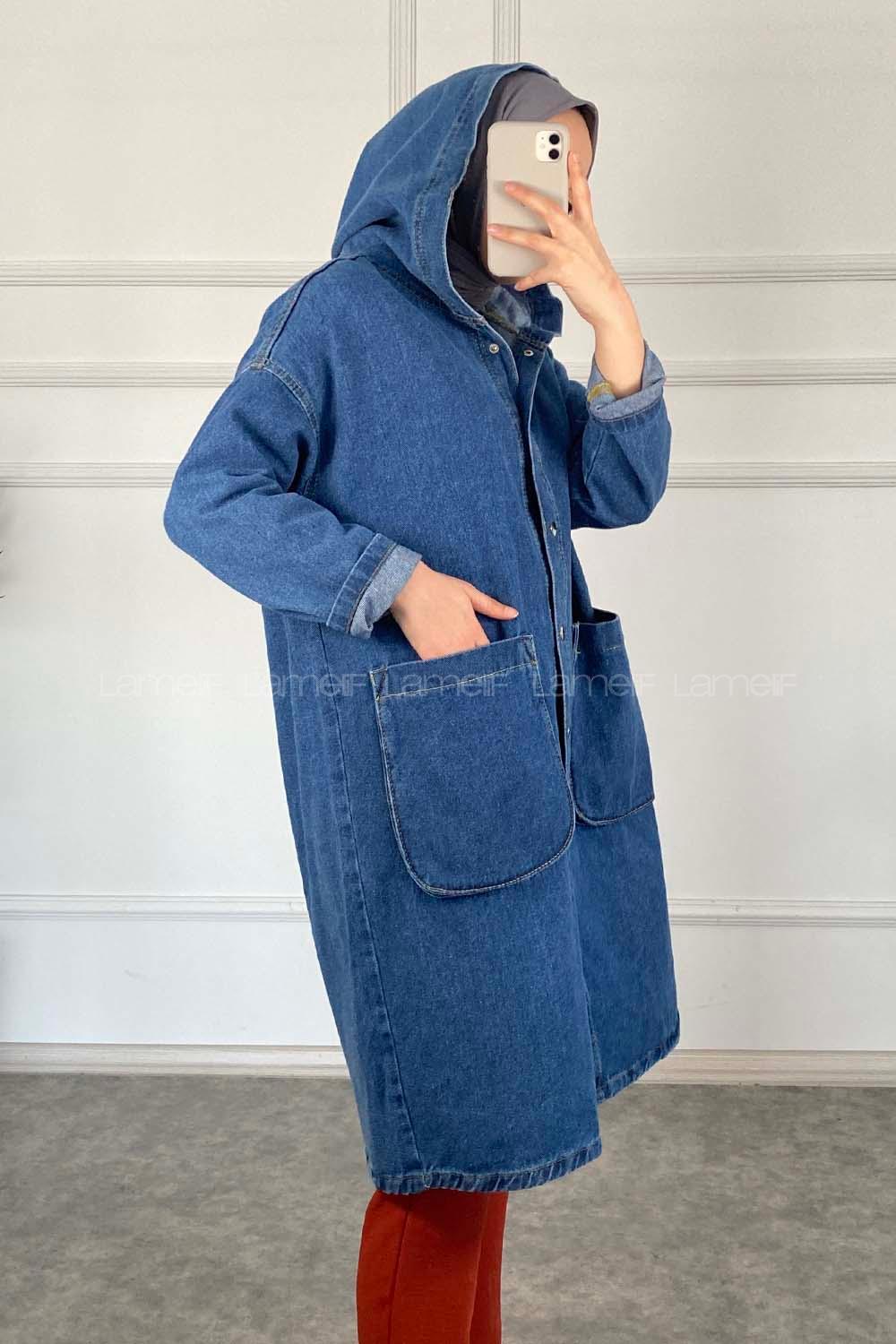 Modalamelif Kapşonlu Uzun Boyfriend Kot Ceket Kot Mavisi