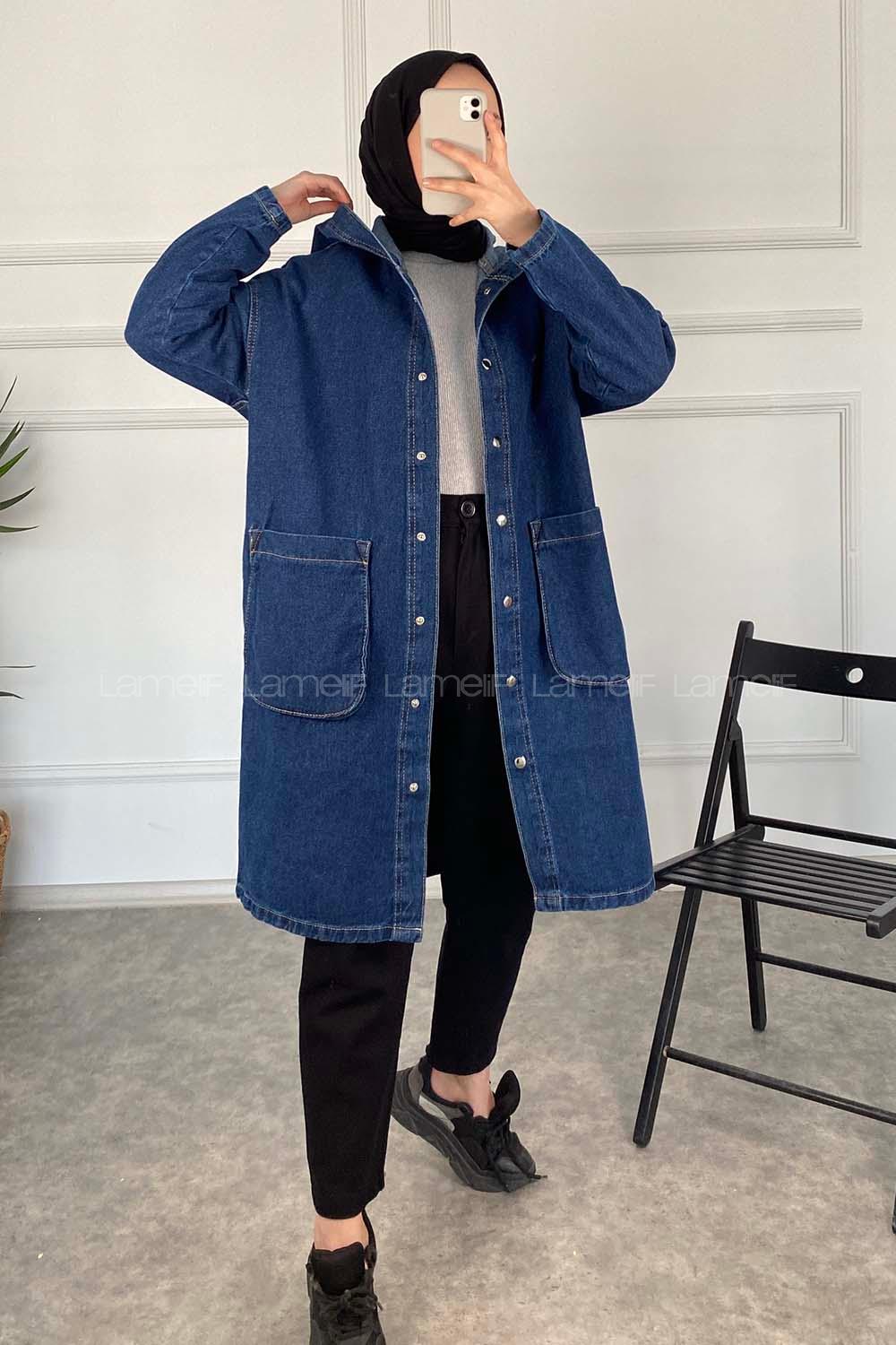 Modalamelif Kapşonlu Uzun Boyfriend Kot Ceket Koyu Mavi