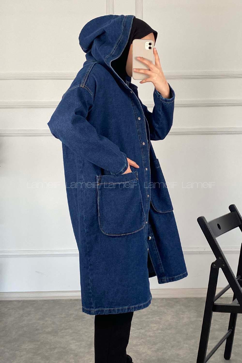 Modalamelif Kapşonlu Uzun Boyfriend Kot Ceket Koyu Mavi