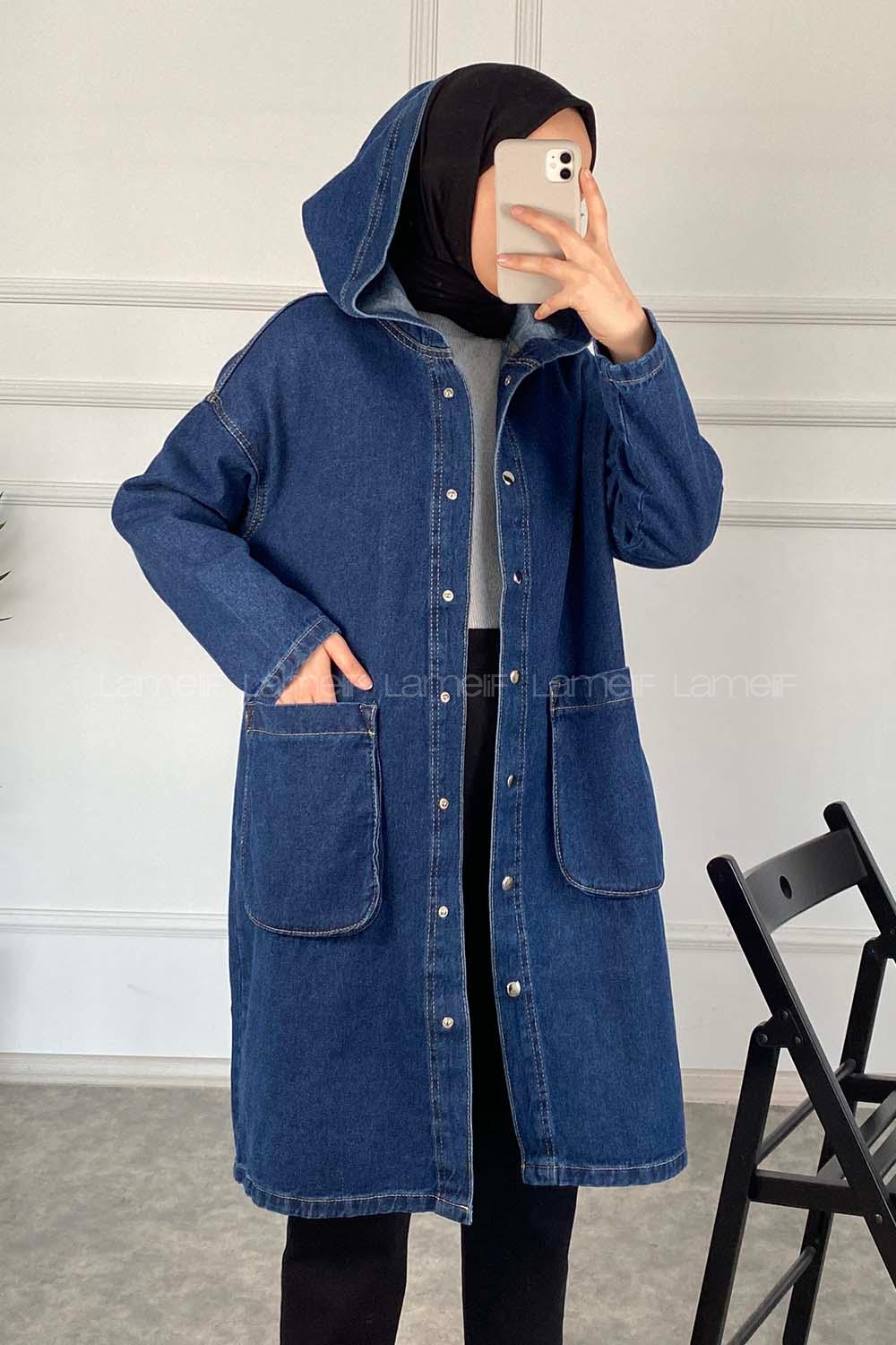 Modalamelif Kapşonlu Uzun Boyfriend Kot Ceket Koyu Mavi