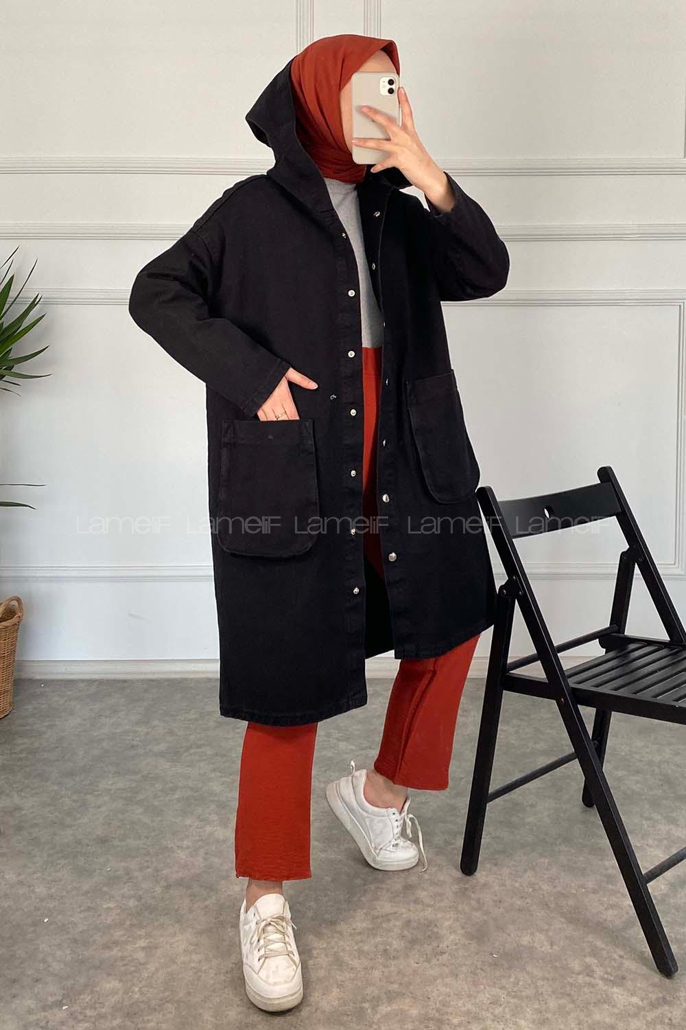 Modalamelif Kapşonlu Uzun Boyfriend Kot Ceket Siyah