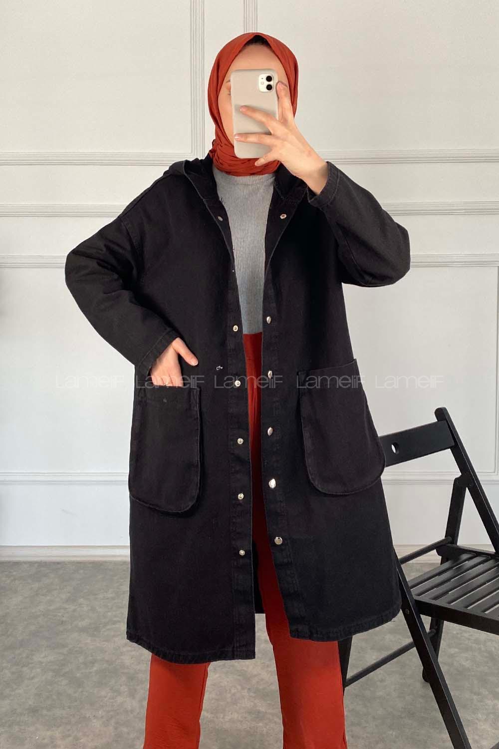 Modalamelif Kapşonlu Uzun Boyfriend Kot Ceket Siyah