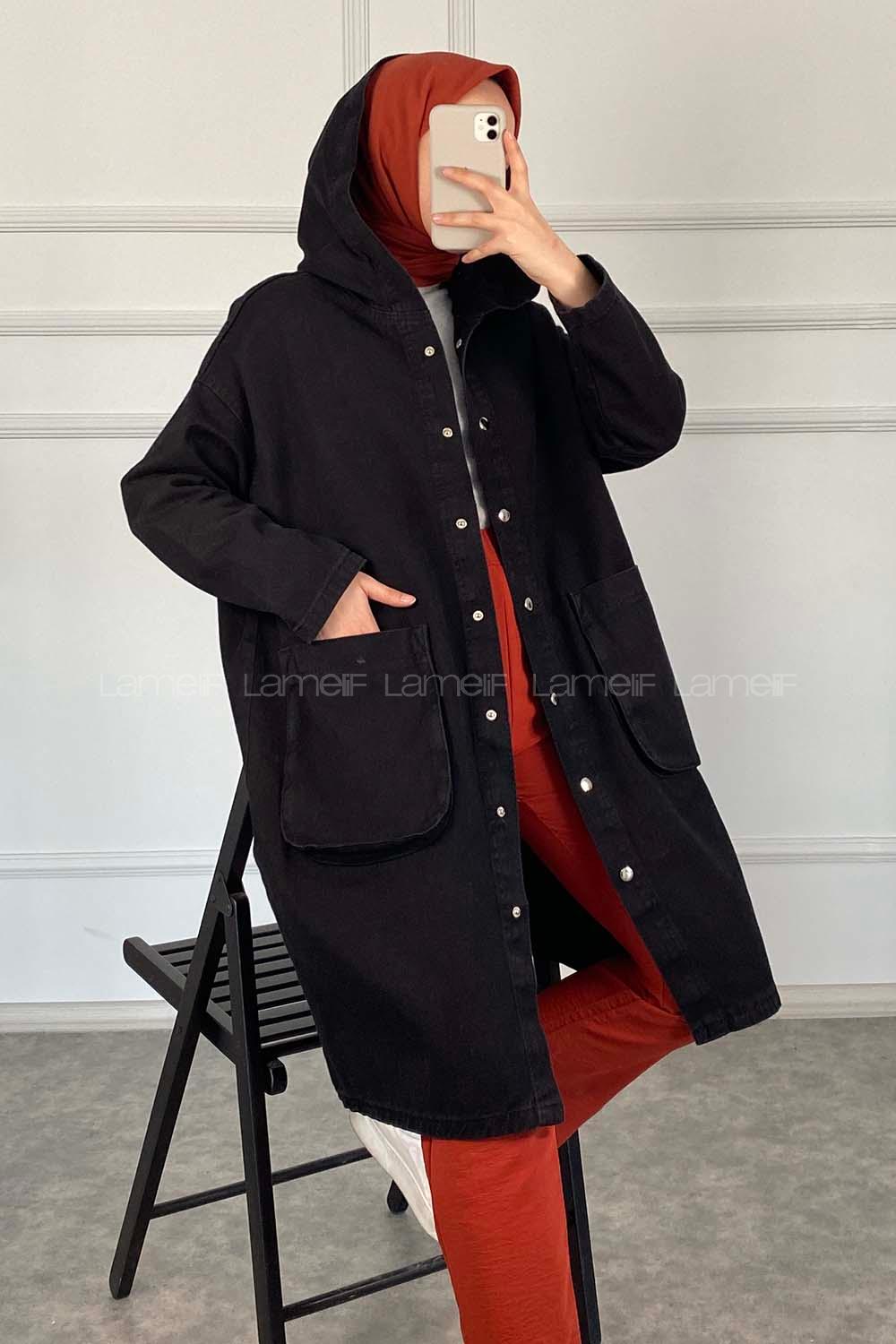 Modalamelif Kapşonlu Uzun Boyfriend Kot Ceket Siyah