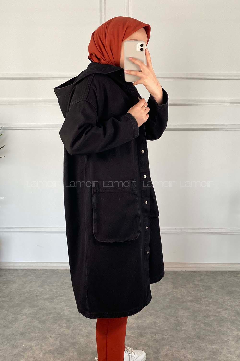 Modalamelif Kapşonlu Uzun Boyfriend Kot Ceket Siyah