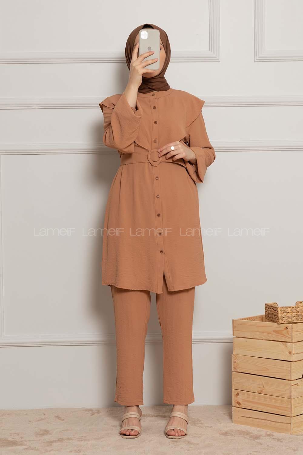 Modalamelif Kemerli Gömlek İkili Takım Camel