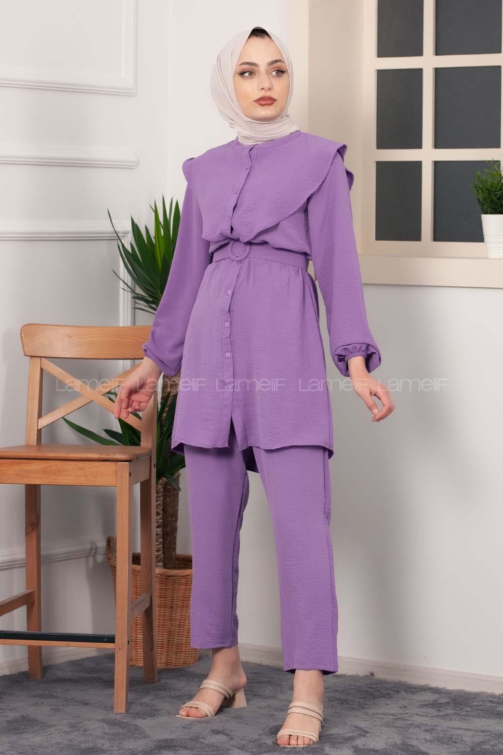 Modalamelif Kemerli Gömlek İkili Takım Eflatun