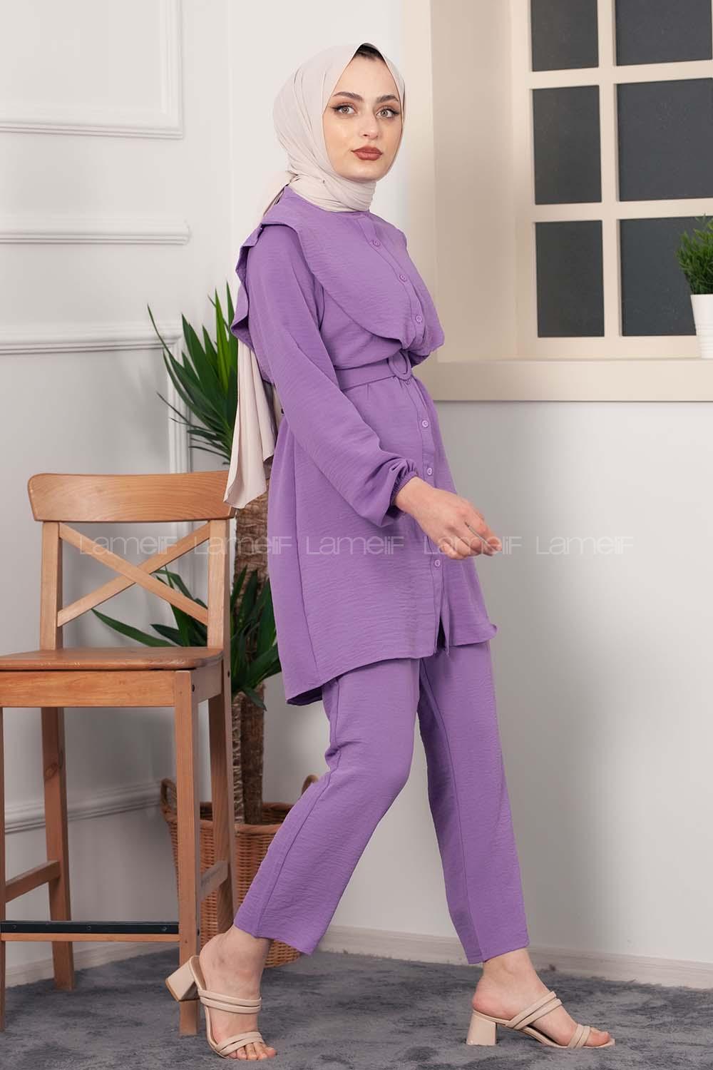 Modalamelif Kemerli Gömlek İkili Takım Eflatun