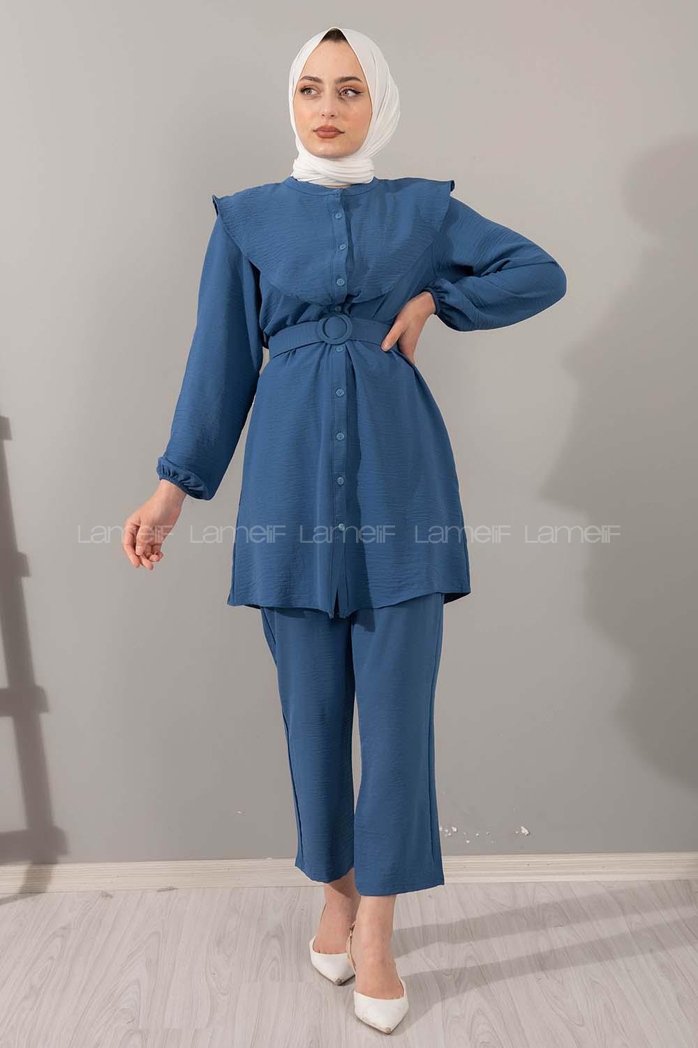 Modalamelif Kemerli Gömlek İkili Takım İndigo