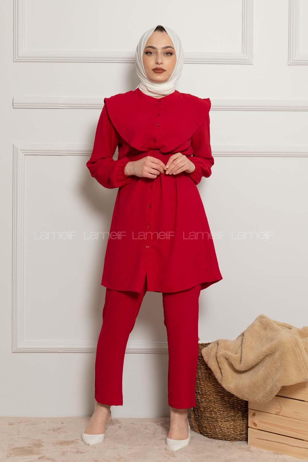 Modalamelif Kemerli Gömlek İkili Takım Kırmızı