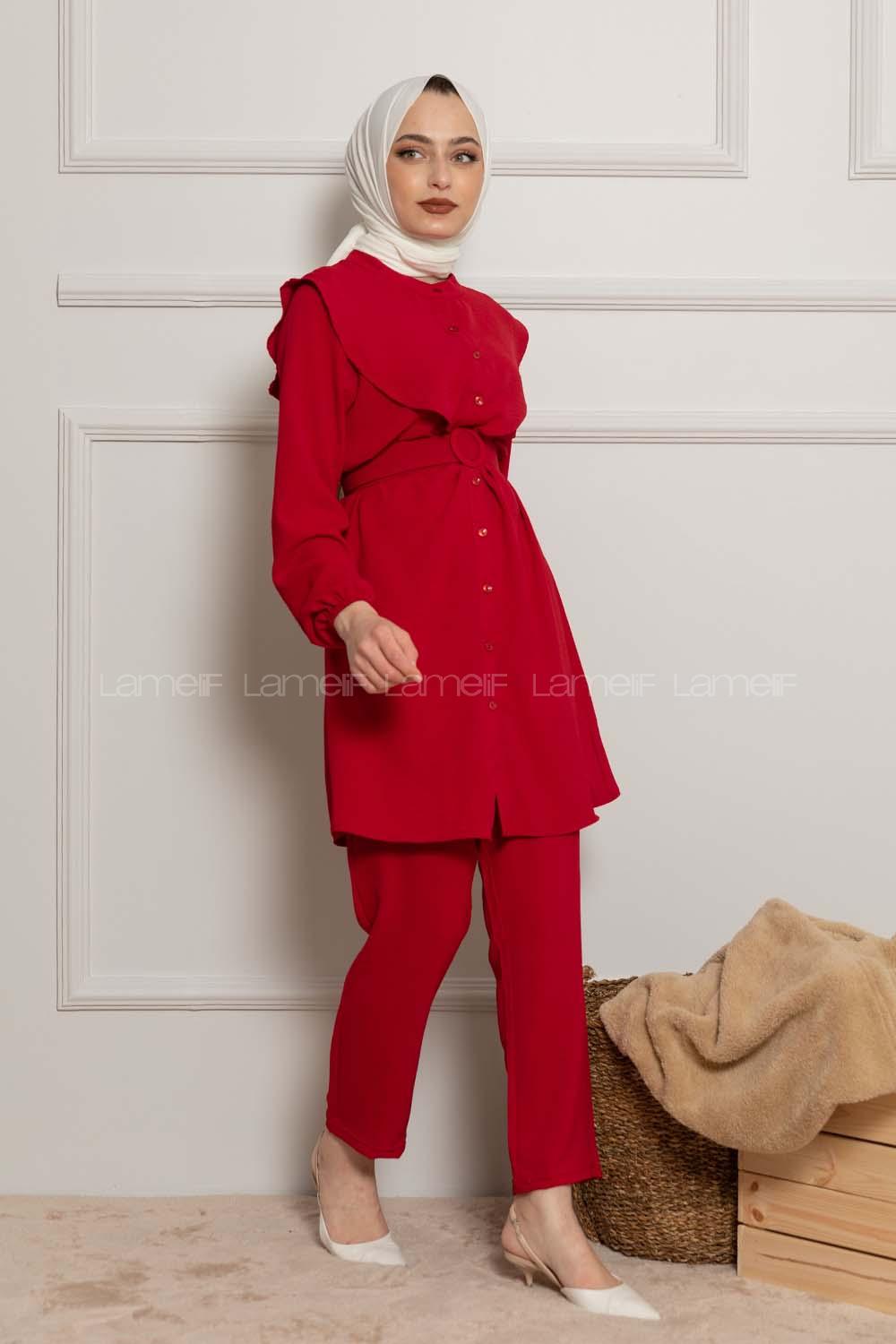 Modalamelif Kemerli Gömlek İkili Takım Kırmızı