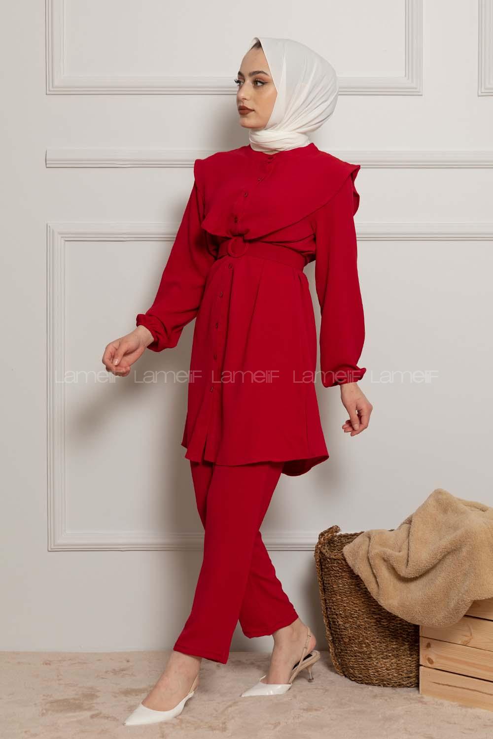 Modalamelif Kemerli Gömlek İkili Takım Kırmızı