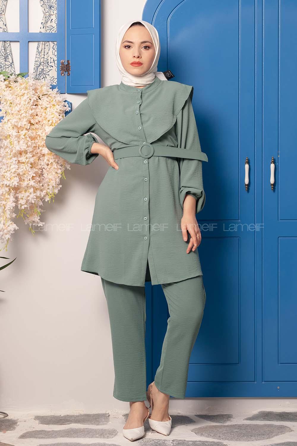 Modalamelif Kemerli Gömlek İkili Takım Pastel Yeşili
