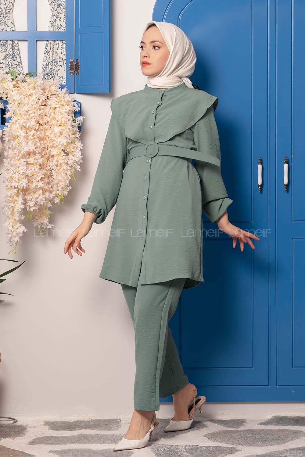 Modalamelif Kemerli Gömlek İkili Takım Pastel Yeşili