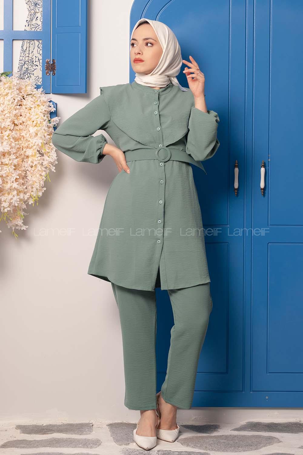 Modalamelif Kemerli Gömlek İkili Takım Pastel Yeşili