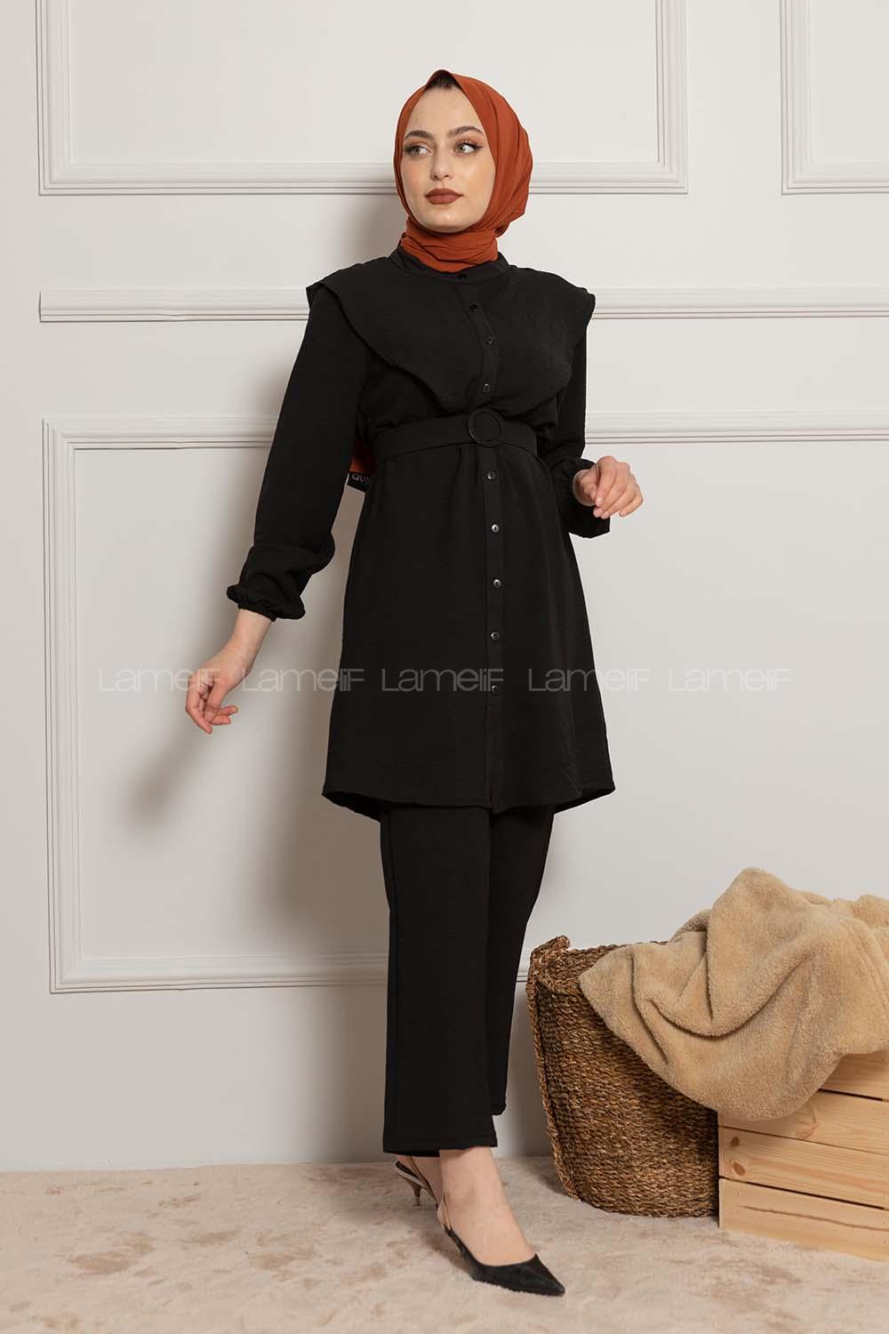 Modalamelif Kemerli Gömlek İkili Takım Siyah