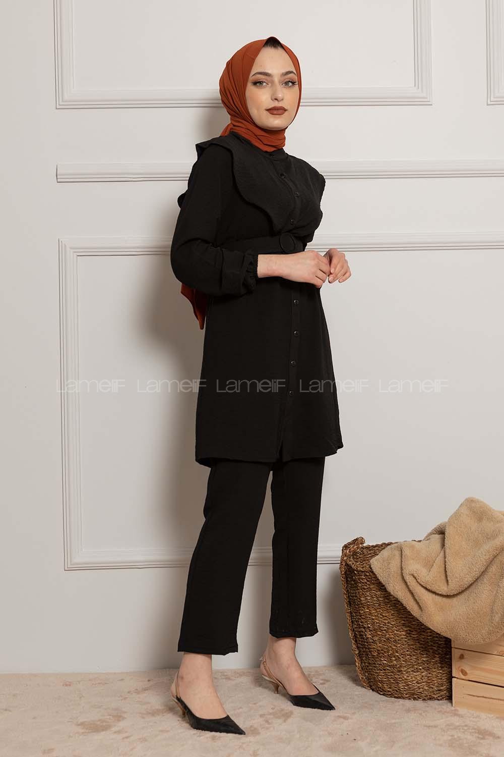 Modalamelif Kemerli Gömlek İkili Takım Siyah