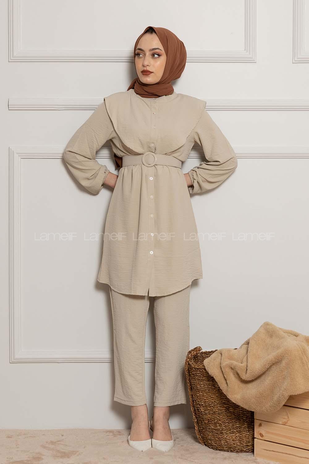 Modalamelif Kemerli Gömlek İkili Takım Taş Rengi