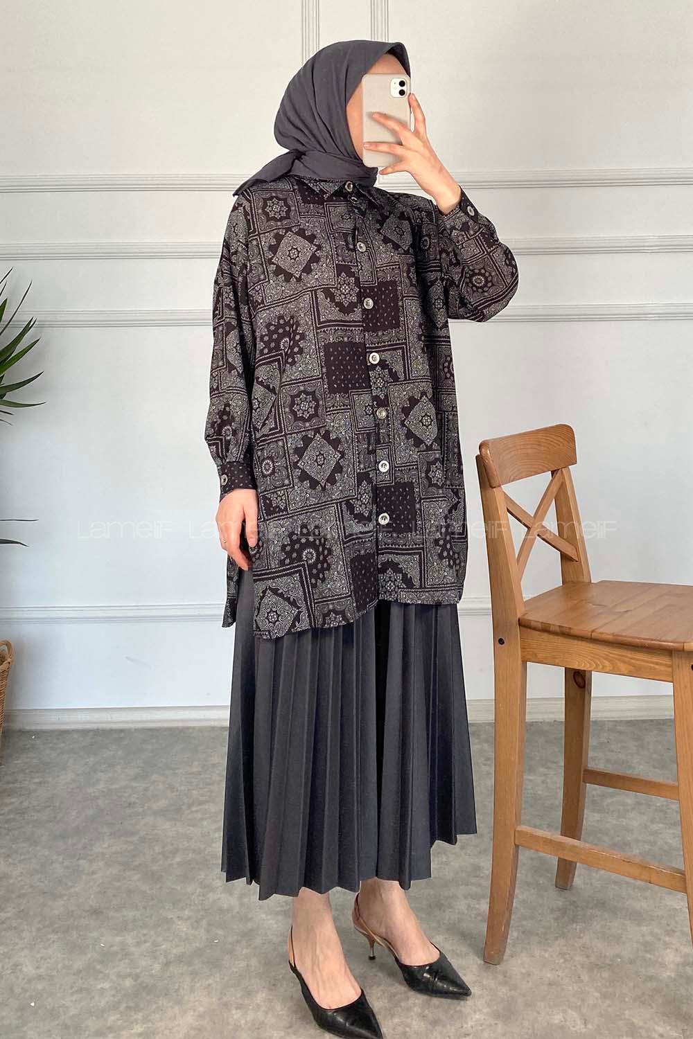 Modalamelif Kilim Desen Dijital Baskı Gömlek Siyah