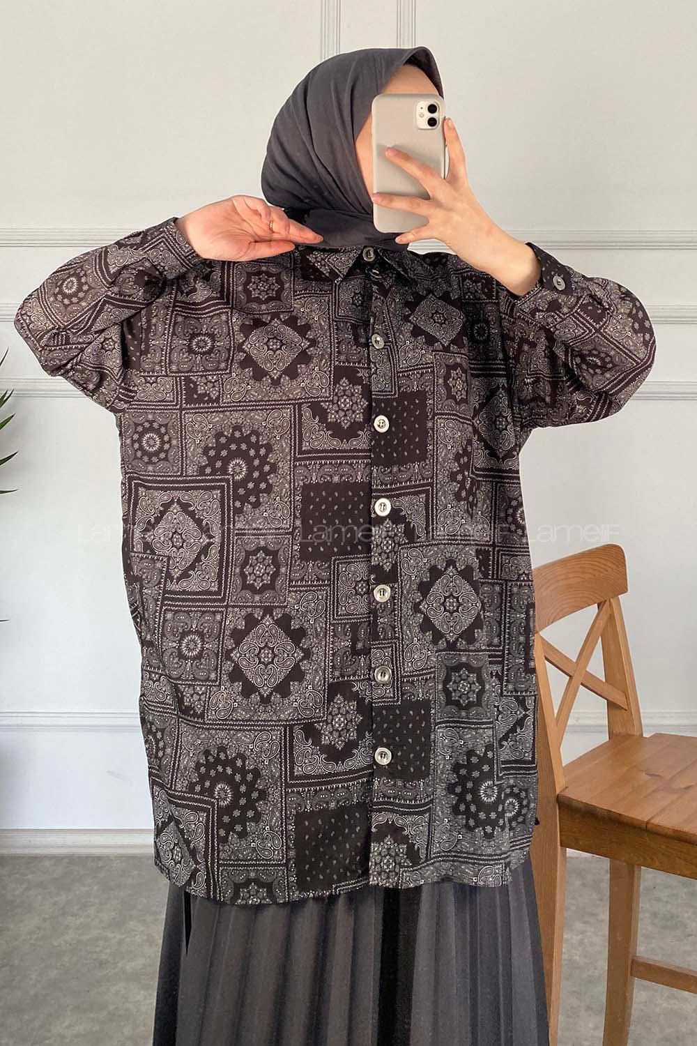 Modalamelif Kilim Desen Dijital Baskı Gömlek Siyah