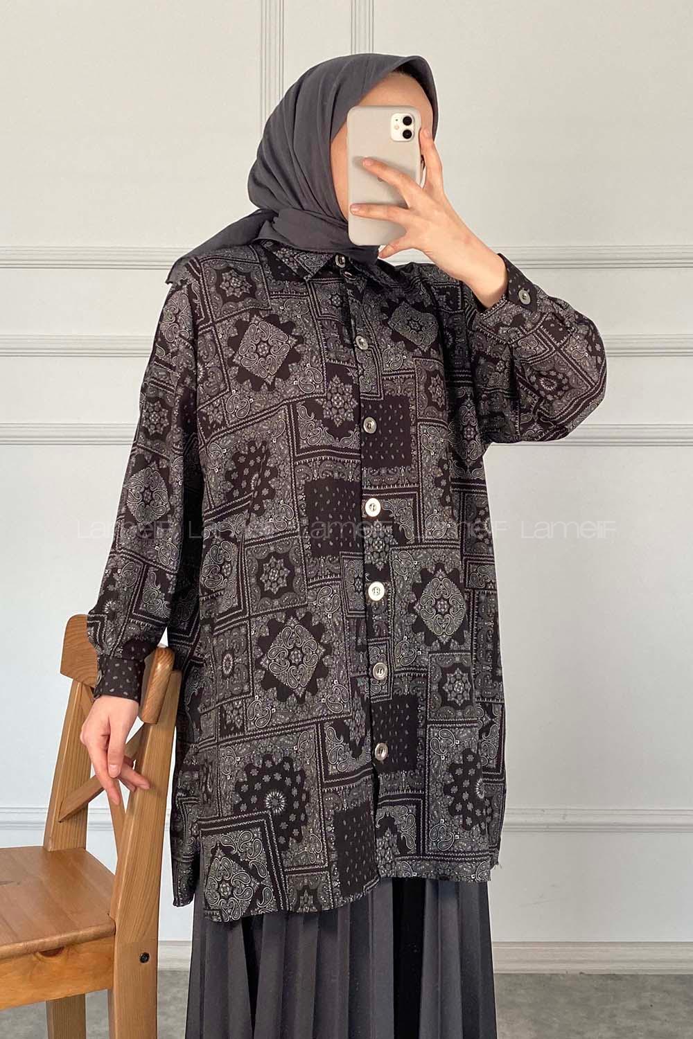 Modalamelif Kilim Desen Dijital Baskı Gömlek Siyah