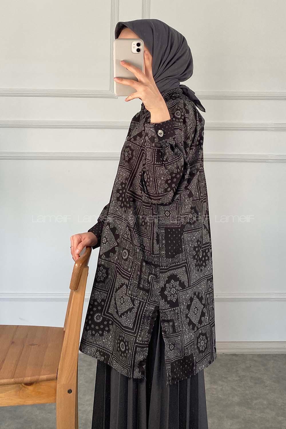 Modalamelif Kilim Desen Dijital Baskı Gömlek Siyah