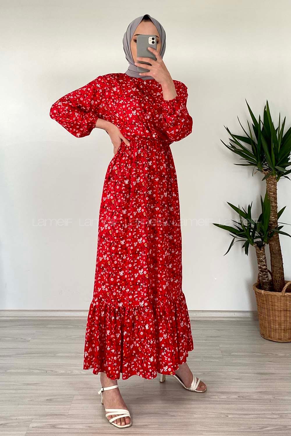 Modalamelif Kır Çiçeği Desenli Elbise Kırmızı