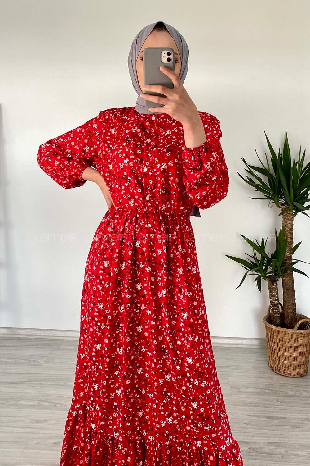 Modalamelif Kır Çiçeği Desenli Elbise Kırmızı