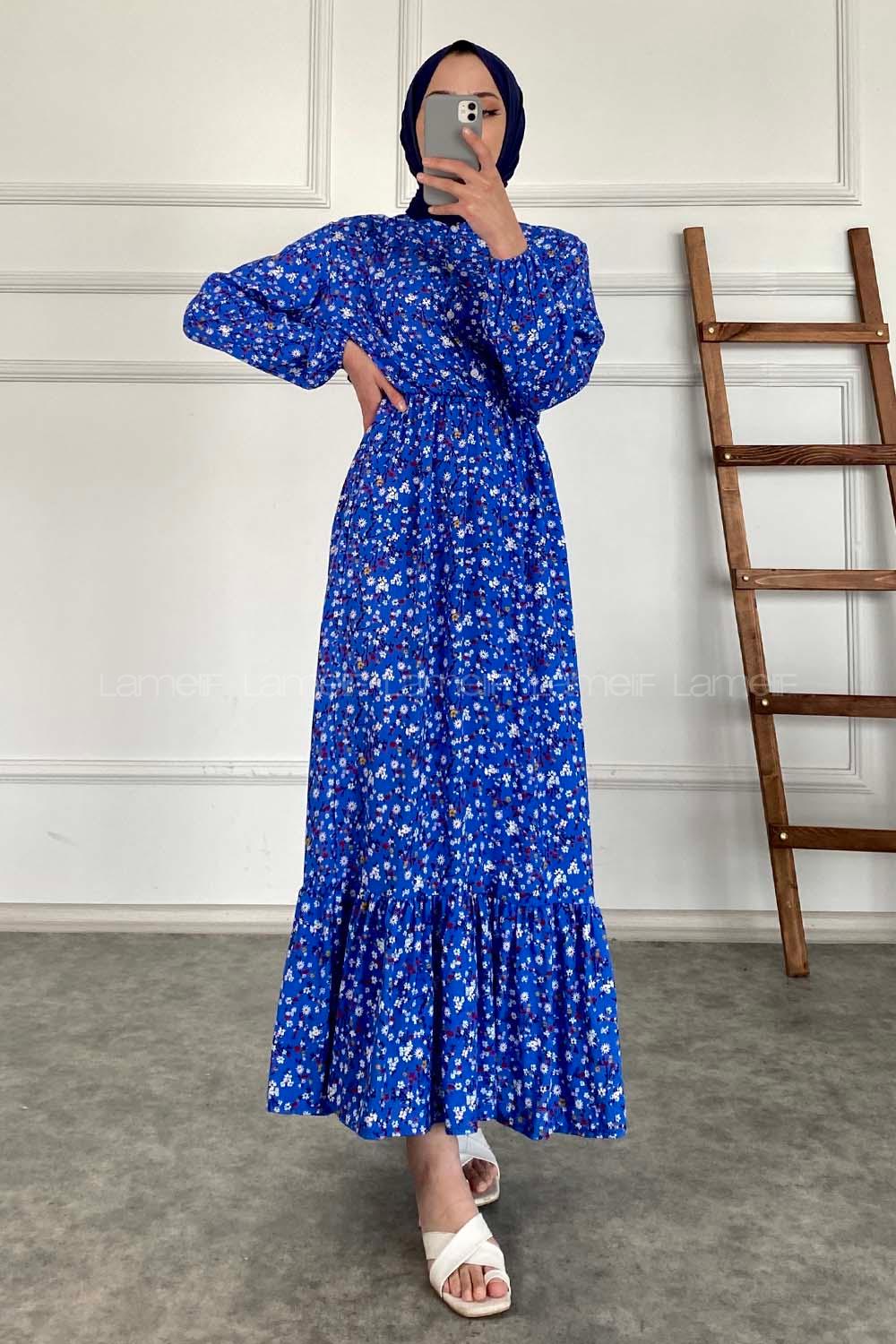 Modalamelif Kır Çiçeği Desenli Elbise Mavi