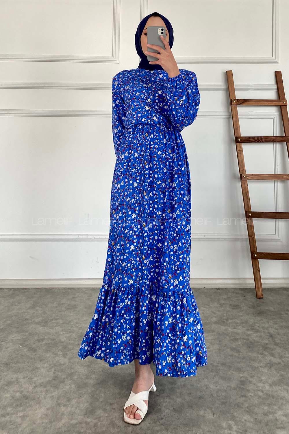 Modalamelif Kır Çiçeği Desenli Elbise Mavi
