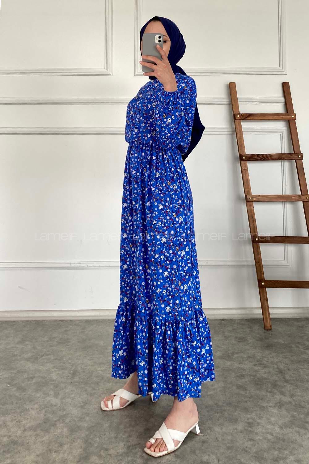 Modalamelif Kır Çiçeği Desenli Elbise Mavi