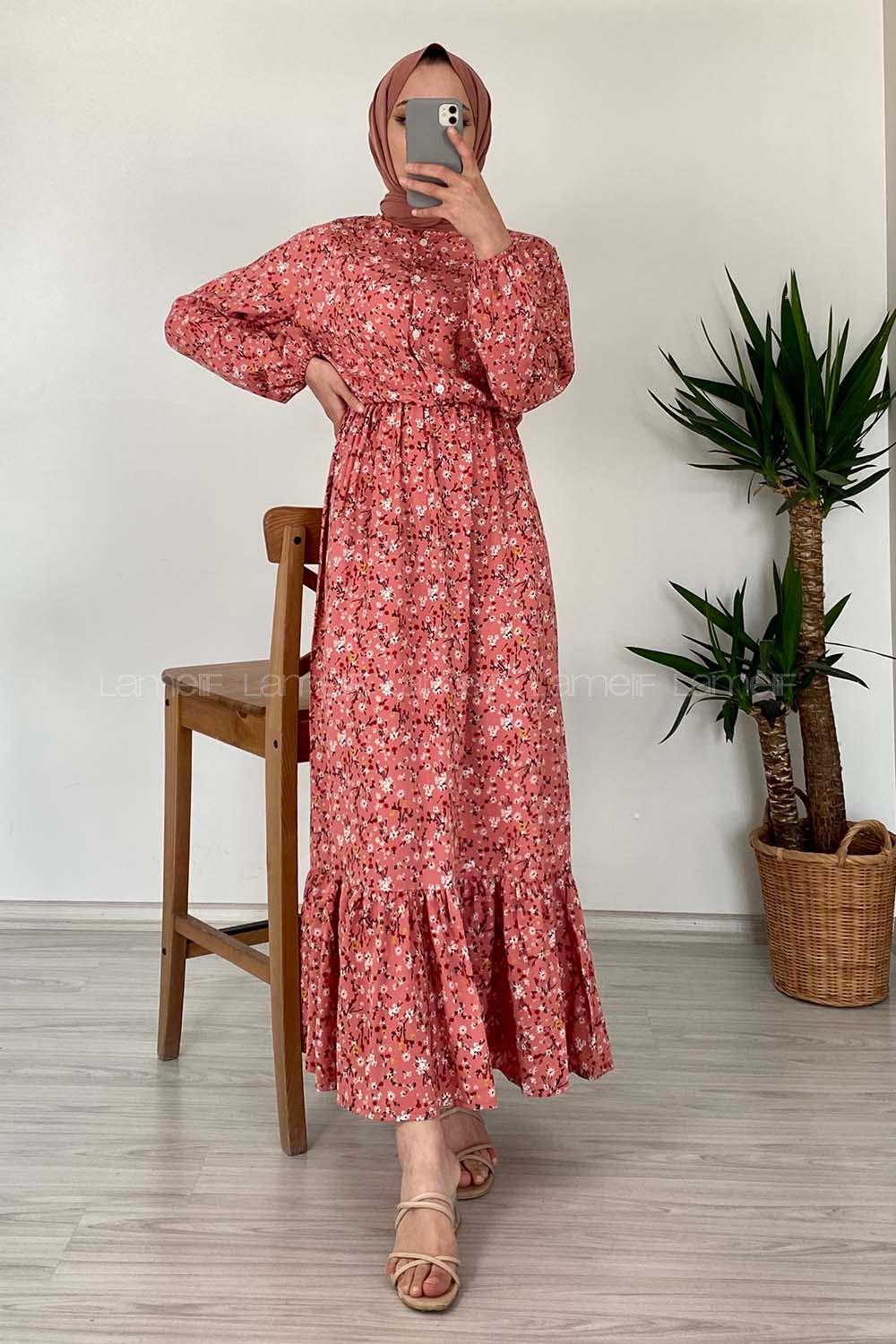 Modalamelif Kır Çiçeği Desenli Elbise Pudra