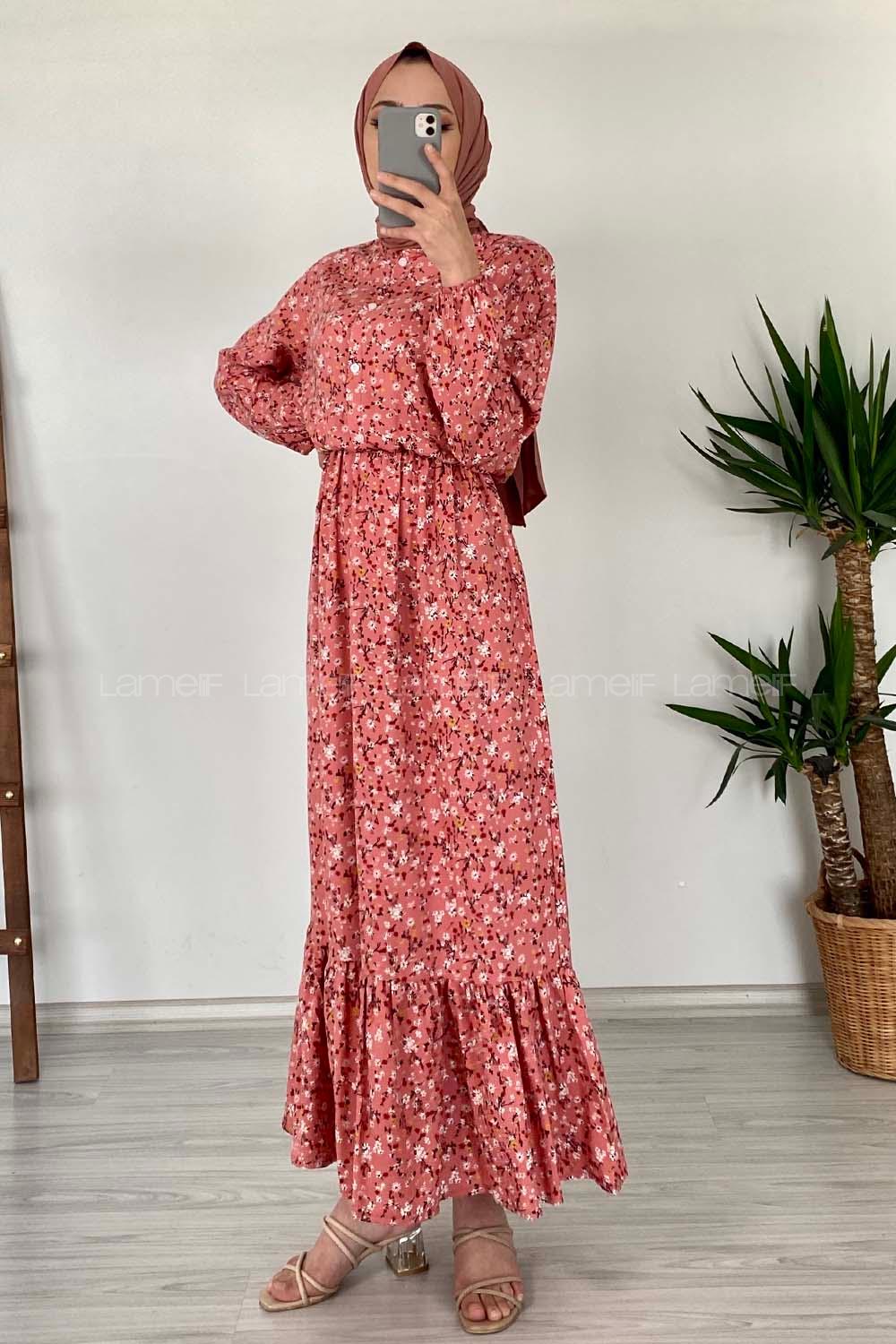 Modalamelif Kır Çiçeği Desenli Elbise Pudra