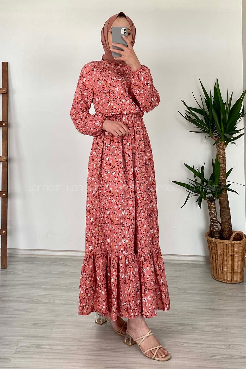 Modalamelif Kır Çiçeği Desenli Elbise Pudra