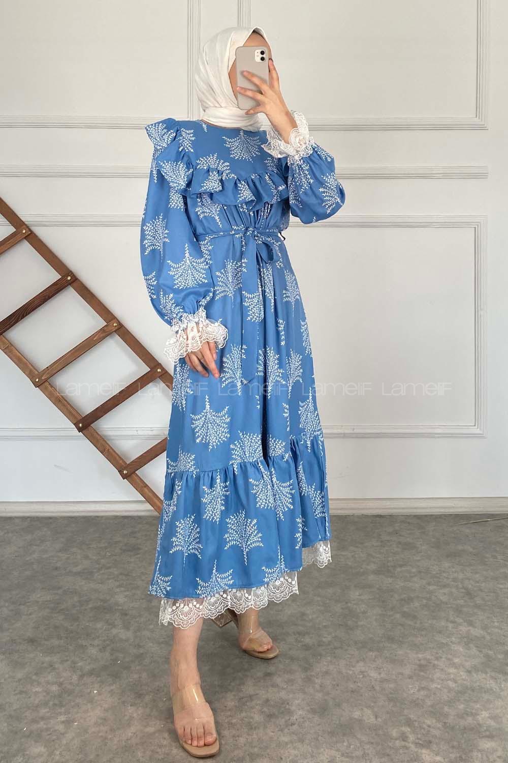 Modalamelif Kol Dantelli Desenli Elbise Açık Mavi