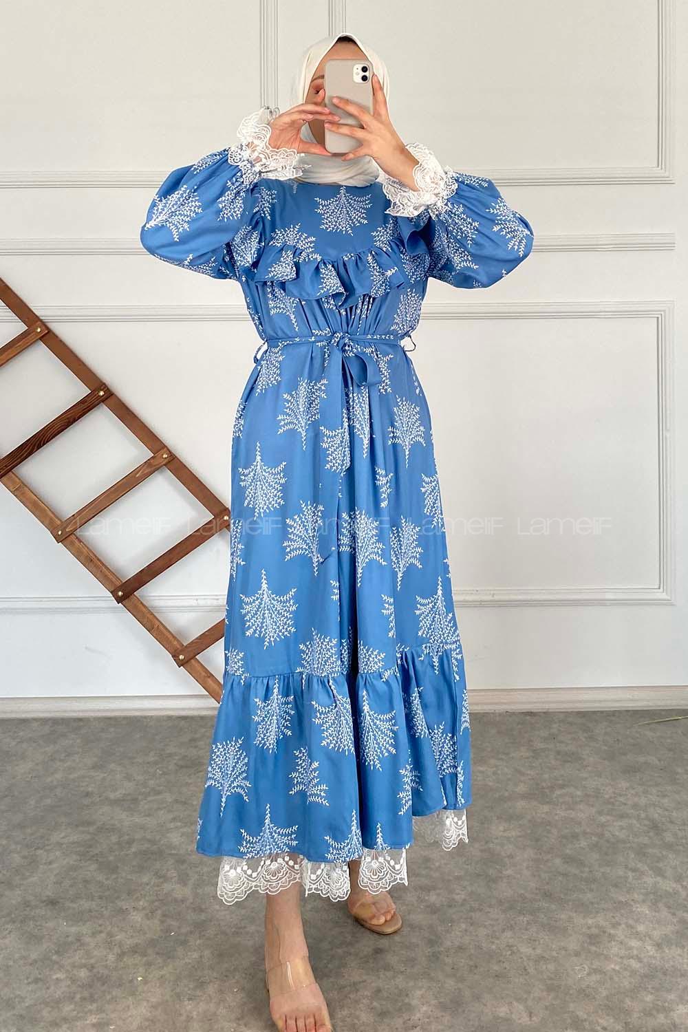 Modalamelif Kol Dantelli Desenli Elbise Açık Mavi