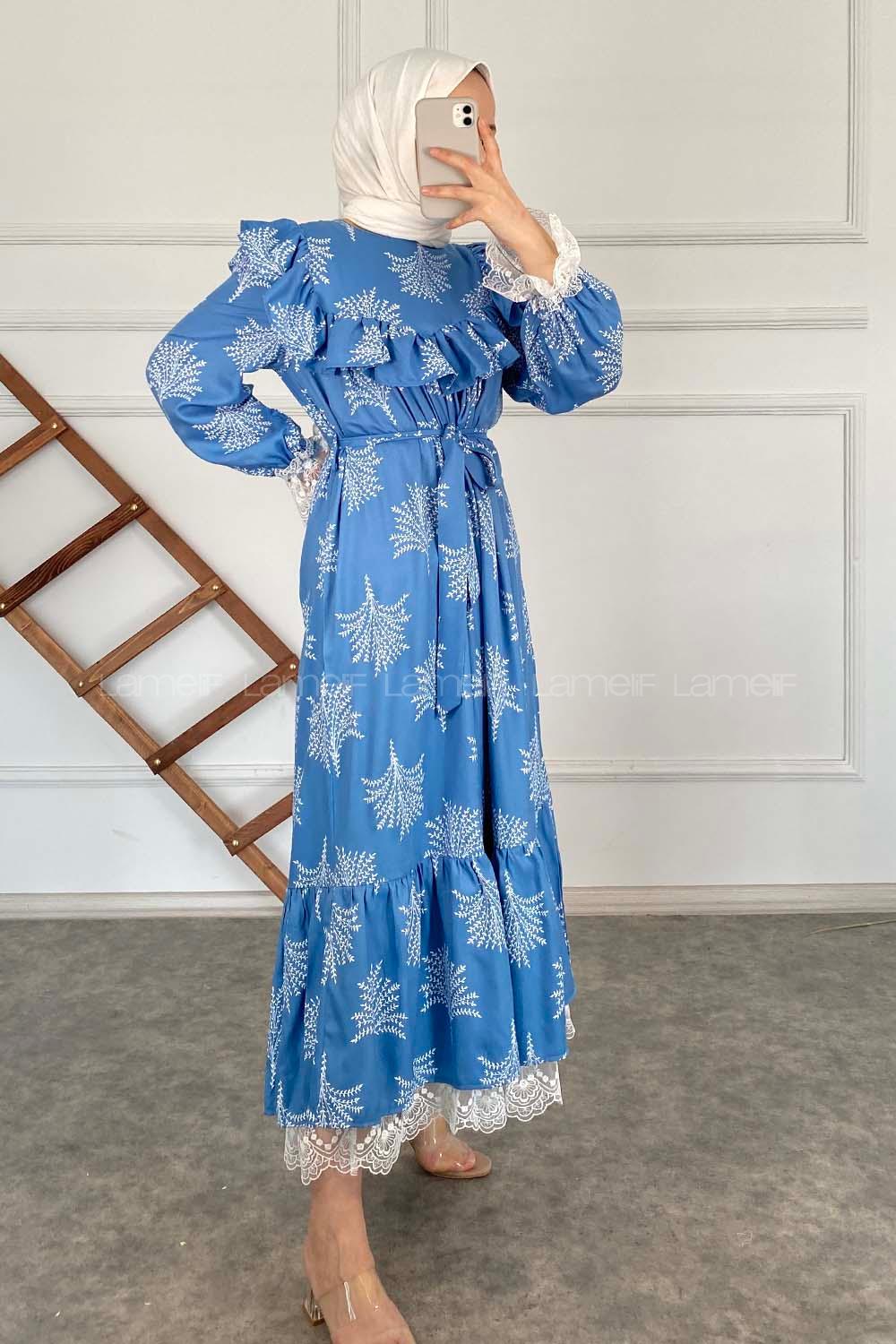 Modalamelif Kol Dantelli Desenli Elbise Açık Mavi
