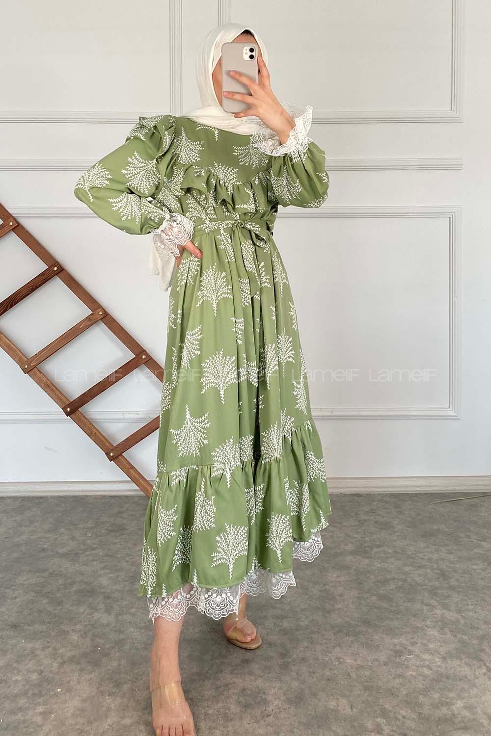 Modalamelif Kol Dantelli Desenli Elbise Çağla