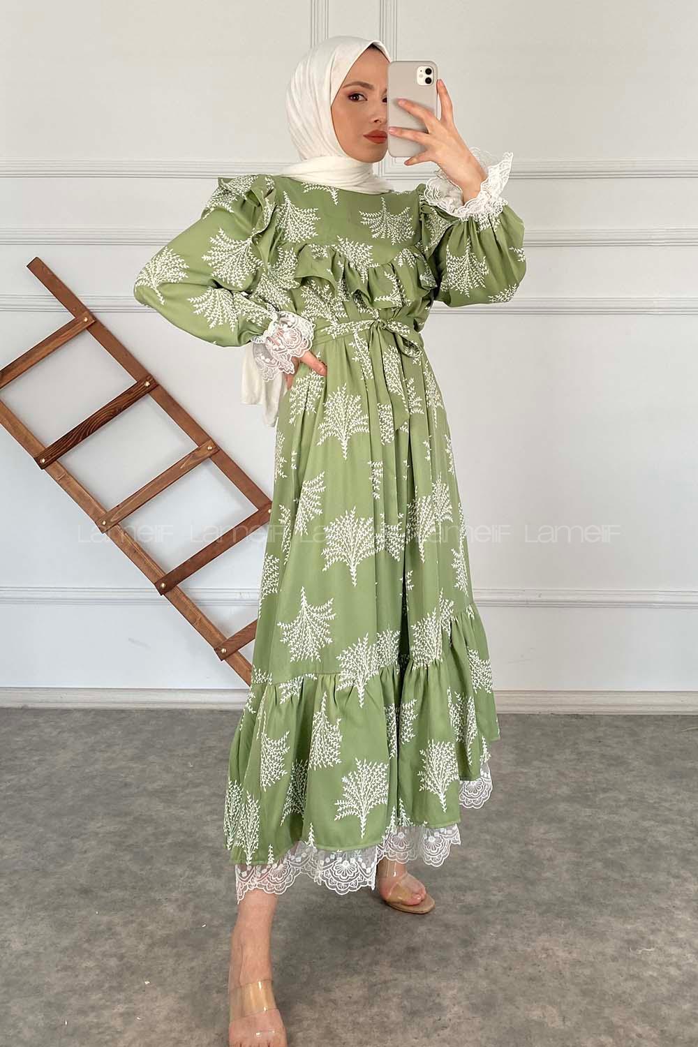 Modalamelif Kol Dantelli Desenli Elbise Çağla