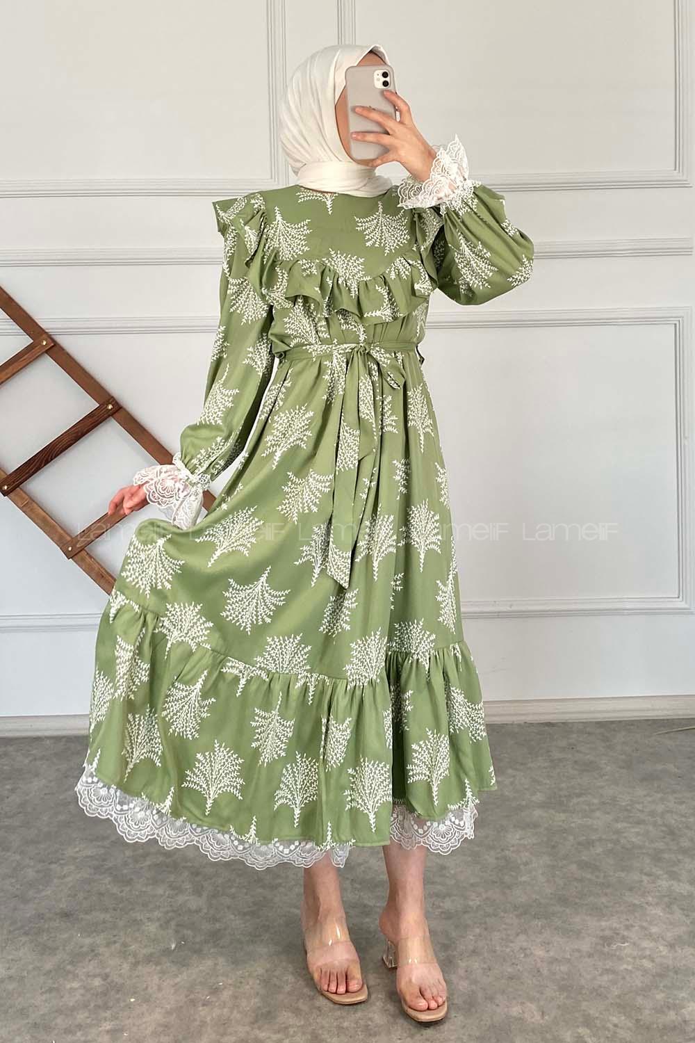 Modalamelif Kol Dantelli Desenli Elbise Çağla