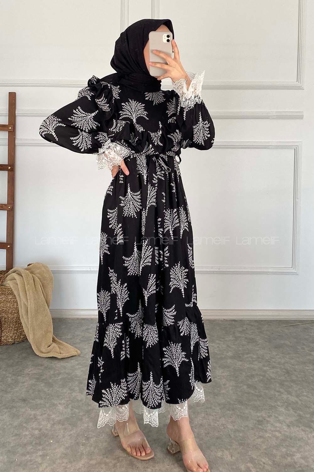 Modalamelif Kol Dantelli Desenli Elbise Siyah