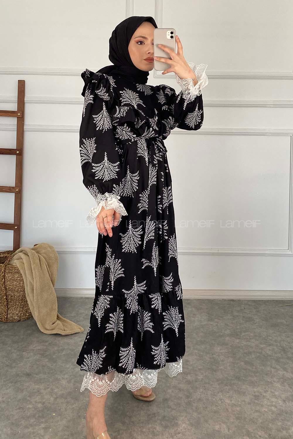 Modalamelif Kol Dantelli Desenli Elbise Siyah