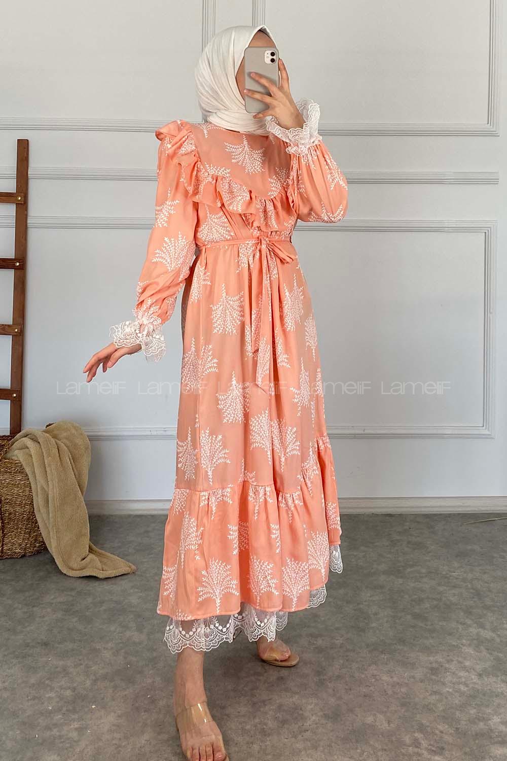 Modalamelif Kol Dantelli Desenli Elbise Soft Pudra