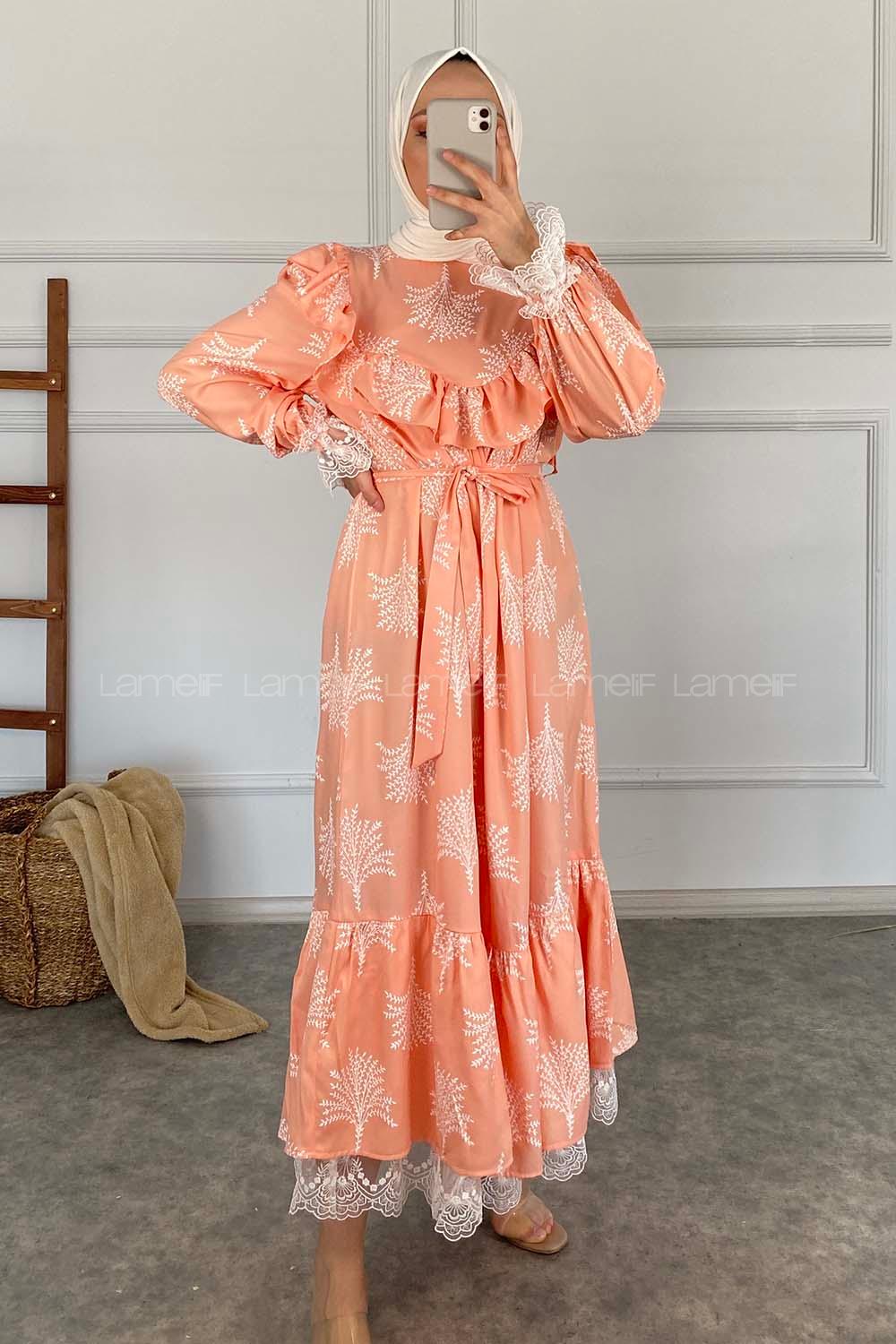 Modalamelif Kol Dantelli Desenli Elbise Soft Pudra