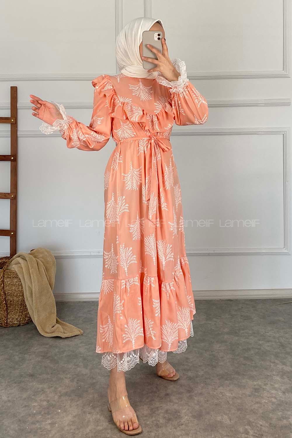 Modalamelif Kol Dantelli Desenli Elbise Soft Pudra