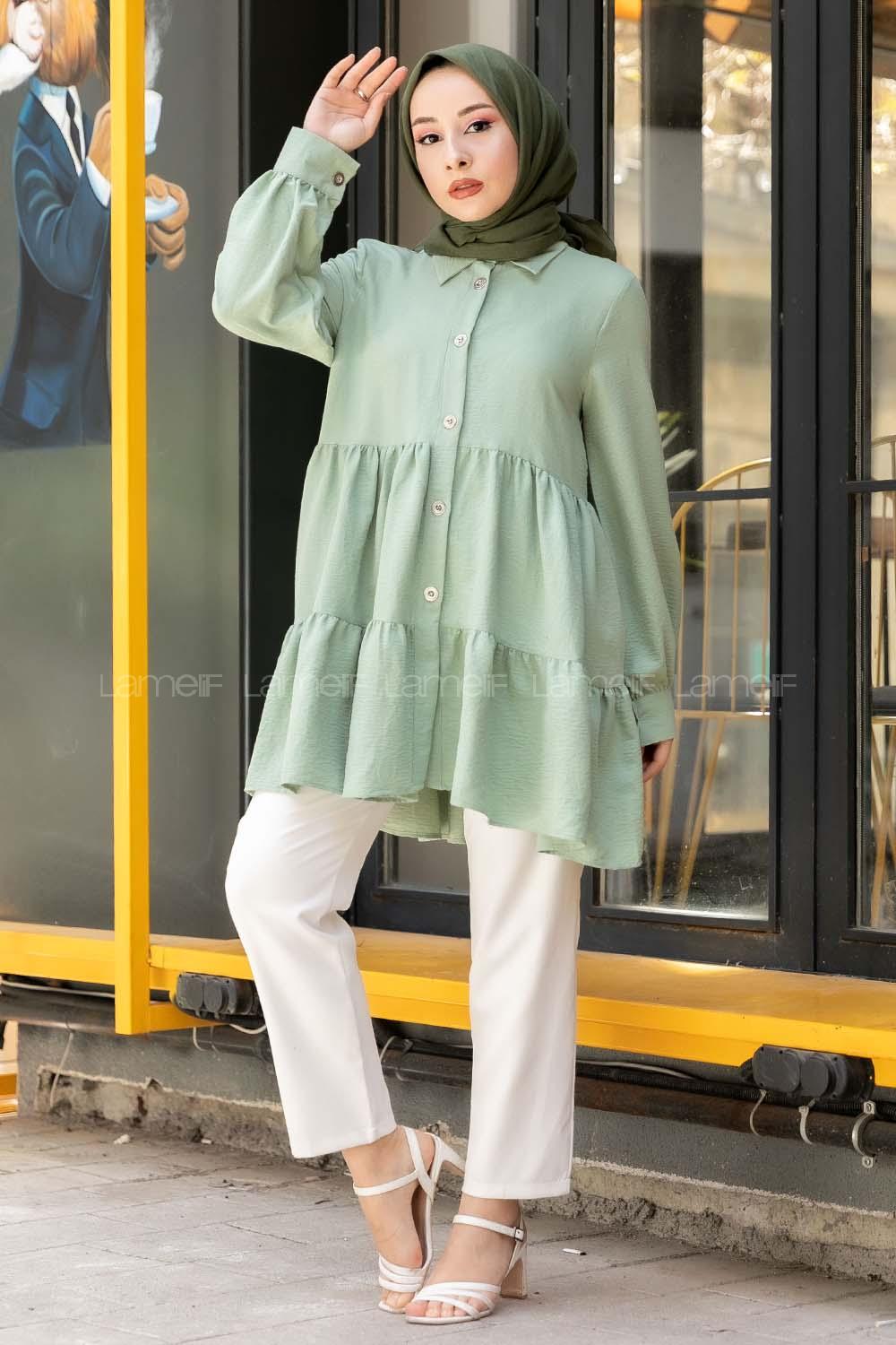 Modalamelif Metal Düğmeli Salaş Tunik Çağla